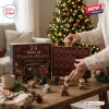 Front view of a French Bulldog Christmas Advent Calendar with tiny dog figurines on a wooden table.