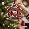 Close-up of a Georgia Bulldogs 135th Anniversary Christmas Ornament shaped like a doghouse.