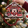Closeup of a Georgia Bulldogs 135th Anniversary Christmas Ornament shaped like a doghouse with a bulldog.
