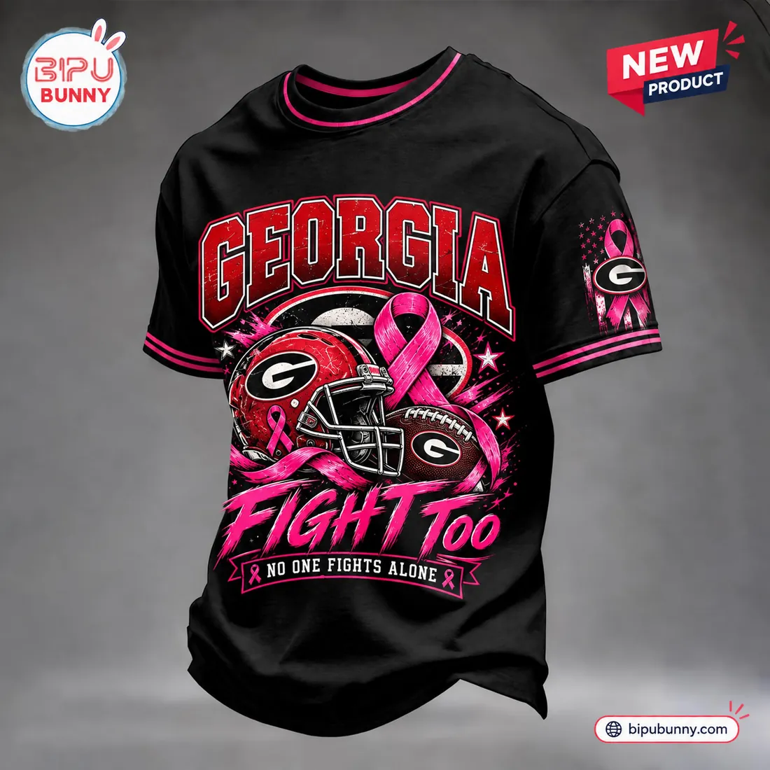 Front view of a black Georgia Bulldogs Breast Cancer Awareness shirt featuring a football helmet, pink ribbon, and text.