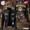 Front and back view of a black Georgia Bulldogs Football Leather Jacket featuring team logos and lettering.