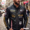 Front view of a black Georgia Bulldogs football leather jacket with gold lettering and patches.