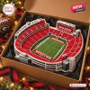Top view of Georgia Bulldogs Sanford Stadium plush pillow shaped like a football arena inside a gift box.