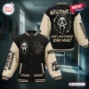 Front and back view of a black and cream varsity jacket featuring graphic prints and Ghostface Woodsboro Scary Movie designs.