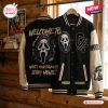 Front and back view of a black and white Ghostface Woodsboro Scary Movie varsity jacket hanging on wooden hangers.