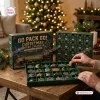 Front view of Green Bay Packers Advent Calendar on a wooden table with a Christmas tree background.