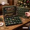 Top-down and front view of the Go Pack Go Green Bay Packers Advent Calendar open on a wooden table with mini ornaments inside.