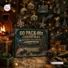 Front view of Go Pack Go Green Bay Packers advent calendar box under a lit Christmas tree.