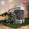 Front view of Godzilla 2026 Christmas Vinyl Figure wearing a Santa hat and tangled in colorful lights.