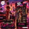 Rear view of Grand Theft Auto VI Ada Wong Collectible Figure standing on a cash-strewed base near a sports car.