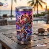 Front view of a Grand Theft Auto VI Vice City Tumbler Cup featuring vibrant character graphics and tropical sunset backdrop.
