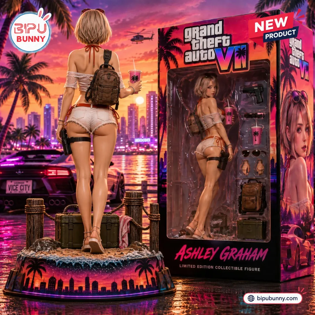 Rear view of the Grand Theft Auto VI x Ashley Graham Vinyl Figure showing the brown tactical backpack, wooden pier pilings, and collector box