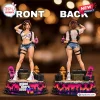 Front and back views of a Grand Theft Auto VI x Jill Valentine Vinyl Figure on a themed base with palm trees.