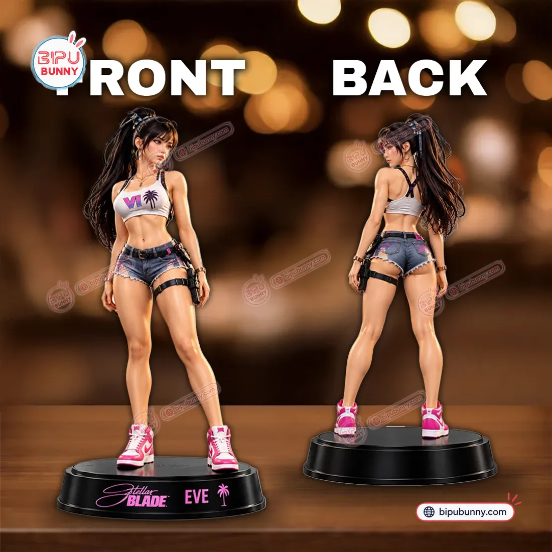 Front and back comparison view of the Grand Theft Auto VI x Stellar Blade Vinyl Figure showing 360-degree sculpt details