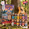 Front view of Grateful Dead Christmas Advent Calendar box with miniature figures displayed on a wooden stand outdoors.