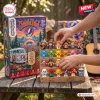 Close-up view of hands arranging miniature figures from a Grateful Dead Christmas Advent Calendar on a wooden shelf.