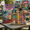 Front view of Grateful Dead Christmas Advent Calendar box with collectible mini figures displayed on tiered shelves outdoors.