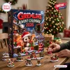 Front view of Gremlins Advent Calendar 2026 on a wooden table with miniature holiday figurines.