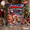 Front view of the Gremlins Advent Calendar 2026 box surrounded by small holiday figurines on a wooden surface.