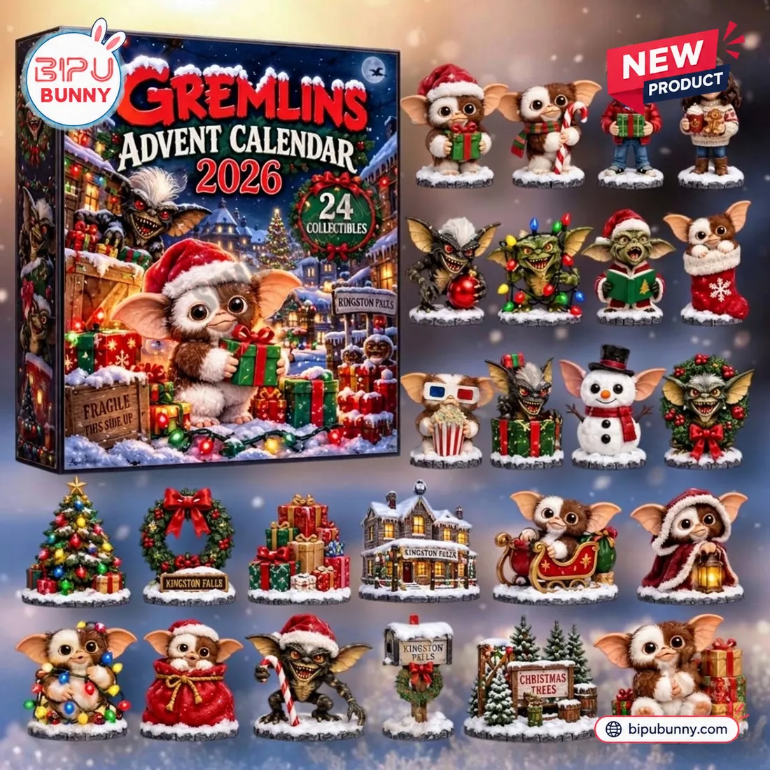 Front view of the Gremlins Advent Calendar 2026 box alongside all twenty-four sculpted holiday figurines
