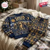 Front view of the Greta Van Fleet Christmas Sweater And Jogger Pants Set in blue and gold.