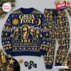 Front view of the Greta Van Fleet Christmas Sweater And Jogger Pants Set in blue with gold band portraits.