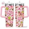 Front and back view of a pink Grinch Christmas 40oz tumbler with holiday illustrations.
