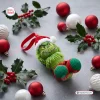 Close-up view of a green crochet Grinch Christmas ornament with a red and white Santa hat surrounded by baubles and holly.