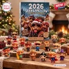 Front view of the Grumpy Highland Cows 2026 Advent Calendar box surrounded by figurine toys.