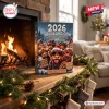 Front view of Grumpy Highland Cows 2026 Advent Calendar on a fireplace mantel.