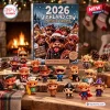 Front view of the 2026 Grumpy Highland Cows Advent Calendar surrounded by miniature figurines on a wooden surface.