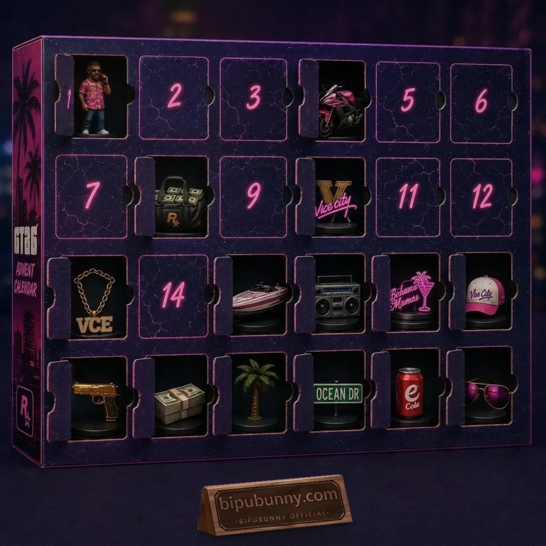GTA 6 2026 Advent Calendar dark purple countdown grid with pink-numbered perforated doors opened to reveal 3D Vice City miniatures inside