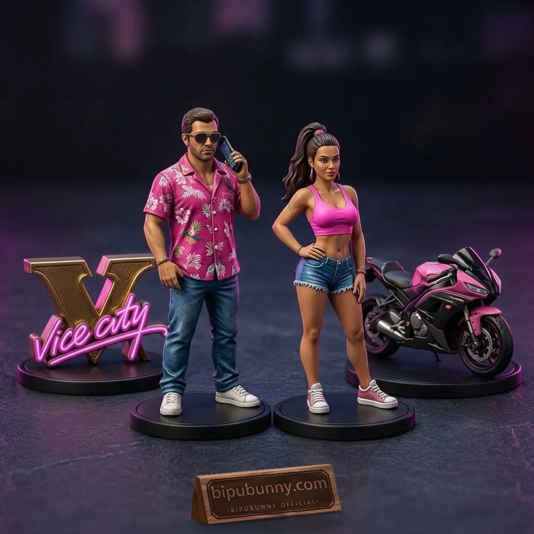 Close-up of the GTA 6 2026 Advent Calendar 3D miniatures featuring the pink hibiscus-shirt figure, Lucia figurine, gold V Vice City sign, and pink-and-black sportbike
