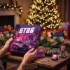 Hands holding a purple GTA 6 2026 Advent Calendar box on a wooden table with holiday decor.
