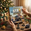Hands holding the GTA 6 Five-Star Heist Edition 2026 Advent Calendar on a wooden table with festive decorations.