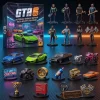 Top view of GTA 6 Supercar Garage Edition 2026 Advent Calendar box with miniature toy cars, figurines, and accessories.