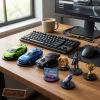 Desk setup featuring items from the GTA 6 Supercar Garage Edition 2026 Advent Calendar including model cars and figurines.