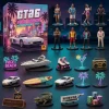 Front view of the GTA 6 Vice Beach Neon Edition 2026 Advent Calendar box alongside various miniature figurines.