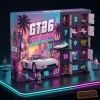 Perspective view of GTA 6 Vice Beach Neon Edition 2026 Advent Calendar box with open numbered doors revealing miniature figurines.