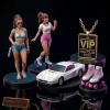 Front view of GTA 6 Vice Beach Neon Edition 2026 Advent Calendar collectibles including miniature figures, car, and pendant.