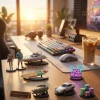 Desk arrangement featuring the GTA 6 Vice Beach Neon Edition 2026 Advent Calendar items displayed on a wooden surface.