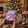 Front view of GTA 6 Vice Beach Neon Edition 2026 Advent Calendar held near a Christmas tree with miniature figures.