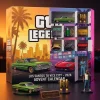 Front view of GTA Legends Los Santos to Vice City 2026 Advent Calendar with open compartments revealing miniature collectibles.