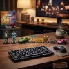 Front view of GTA Legends Los Santos to Vice City 2026 Advent Calendar collectibles displayed on a wooden desk.