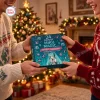 Close-up view of two people holding the Hatsune Miku Magical Advent Calendar in a festive holiday room.