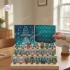 Front view of Hatsune Miku Magical Advent Calendar box with 24 mini figures displayed on tiered wooden steps.