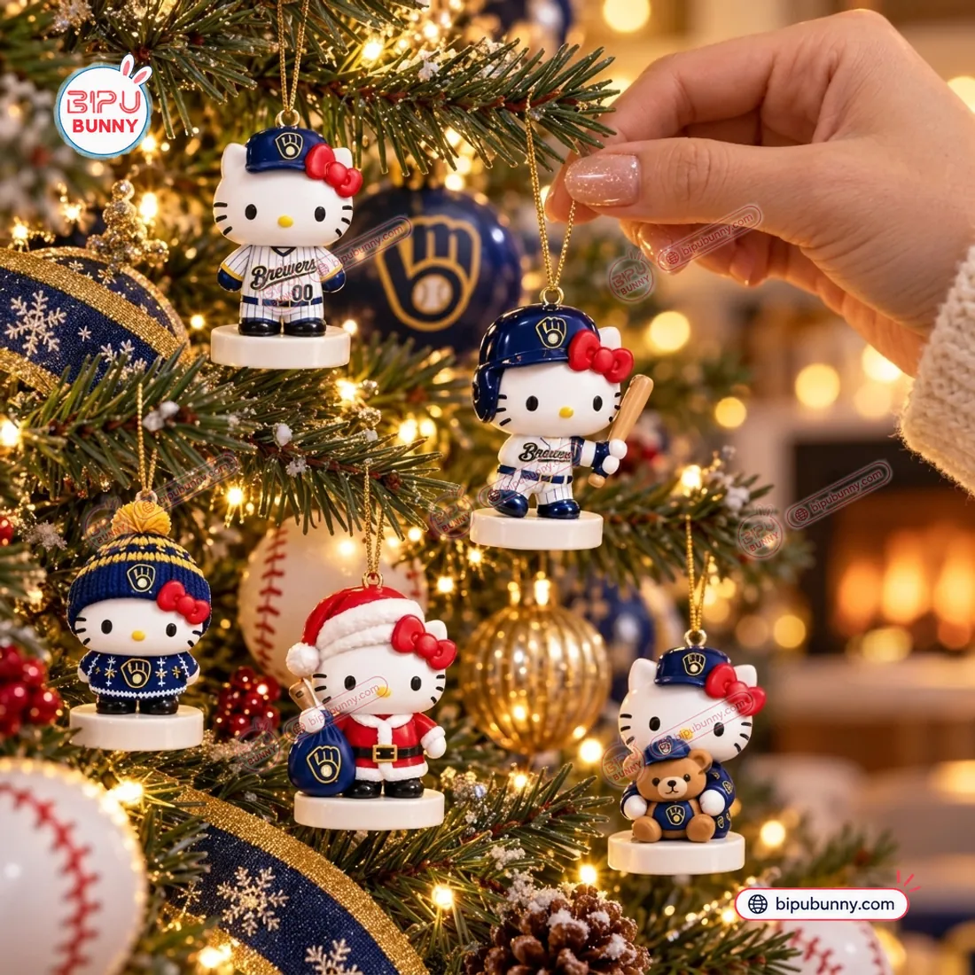 Close-up of Hello Kitty x Milwaukee Brewers Advent Calendar miniature charms hanging from Christmas tree branches by gold cords