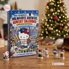 Front view of Hello Kitty x Milwaukee Brewers Advent Calendar box with mini figurines displayed on wooden surface.
