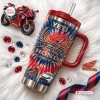 Front view of the Honda 78th Anniversary 1948-2026 Handle Tumbler on a white fur background with a toy motorcycle.