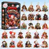 Front view of a Horror Christmas Advent Calendar Blind Box alongside twenty-four chibi holiday figure ornaments.